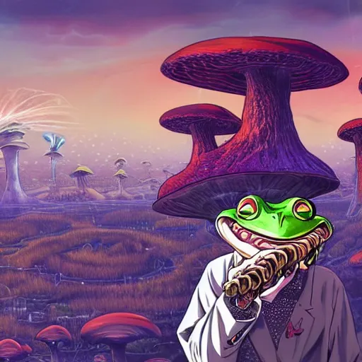 Prompt: A close up pfp of a horrifying psychedelic godlike anthropomorphic frog smoking an anime blunt , magic mushroom village in background . award winning. superb resolution. in the art style of junji Ito and greg rutkowski . Detailed Mushroom city in background. Hyper realistic anime. Perfect art. Dalle2