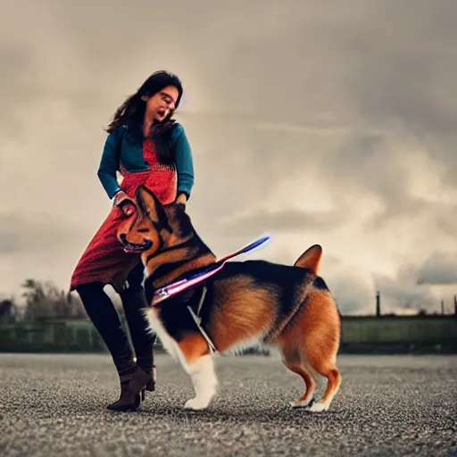 Image similar to giorgia meloni, she in riding a cute giant corgi, epic shot, cinematic lightning, 4 k