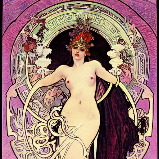 Image similar to persephone as goddess of death, painted by alphonse mucha