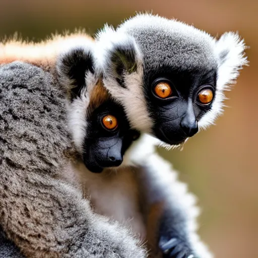 Image similar to a baby lemur clings to the belly of her mother, madagascar, raining, stormy photos in the style of national geographic, photorealistic - h 6 4 0