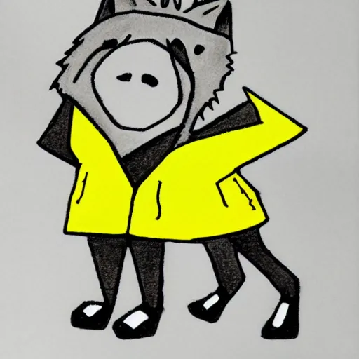 Image similar to cartoon sketch of a wolf wearing a yellow raincoat