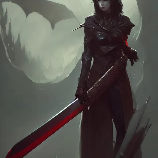 Prompt: trending on artstation, holding a sword, vampire, character design, concept art, style of greg rutkowski, makoto shinkai, pretty face, forward facing, fantasy armor, highly detailed, digital art, witch, female