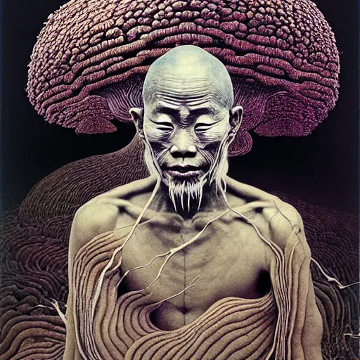 Prompt: ancient japanese monk, by kiki smith, by zdzisław beksinski, by wangechi mutu, bamboo, mushrooms, mycelium, mycena acicula, insanely detailed, hypermaximalist, elegant, ornate, hyper realistic