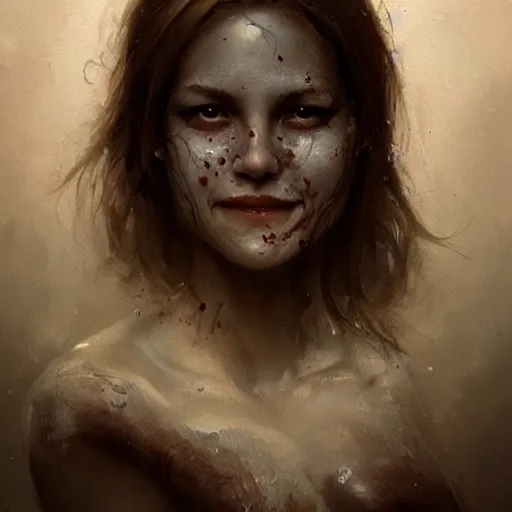Image similar to epic portrait of a beautiful girl with an unnaturally wide smile, high detail, horror smile, sharp focus, beautiful!, scary!, bloody, dewy skin, ethereal, painting, concept art, warm lighting, greg rutkowski