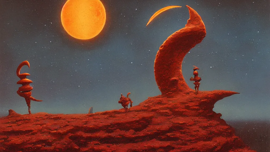 Image similar to mysterious whimsical sculpture of an alien crescent moon by paul lehr and john schoenherr, cinematic matte painting