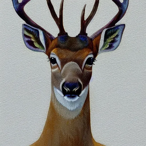 Prompt: a calming watercolour painting of a deer. deer portrait. symmetric. trending on artstation