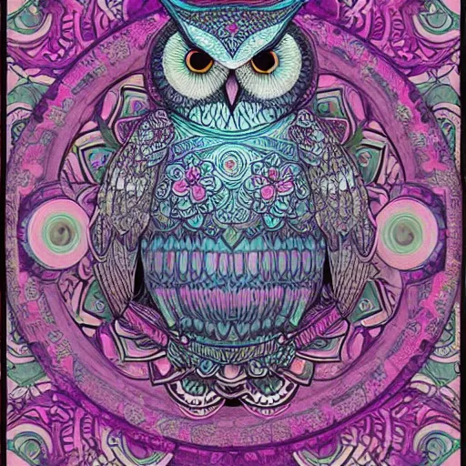 Image similar to owl, mandala, pink, blue, beautiful, by Alphons Mucha