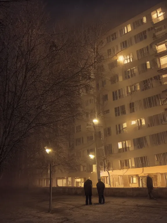 Image similar to film still of low residential building in russian suburbs, lights are on in the windows, deep night, post - soviet courtyard, cozy atmosphere, light fog, street lamps with orange light, several birches nearby, several elderly people stand at the entrance to the building