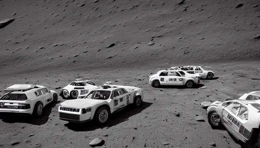 Image similar to a group of audi cars on the moon, wide angle shot