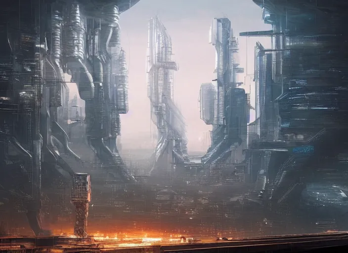 Prompt: cult of technology, exterior, cyberpunk, side view, scifi, machines, artificial intelligence!!, ultra realistic, highly detailed, brain in a vat!!, futuristic landscape, citadel, industrial, city, atmosphere, highlighted, cinematic, art by jan urschel and neil blevins