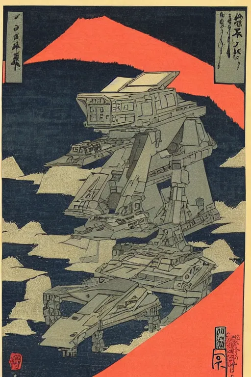 Prompt: Japanese woodblock print of a Star Wars AT-AT, Hokusai
