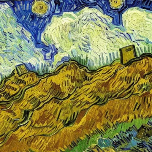 Image similar to a huge garbage hill, art by van gogh,