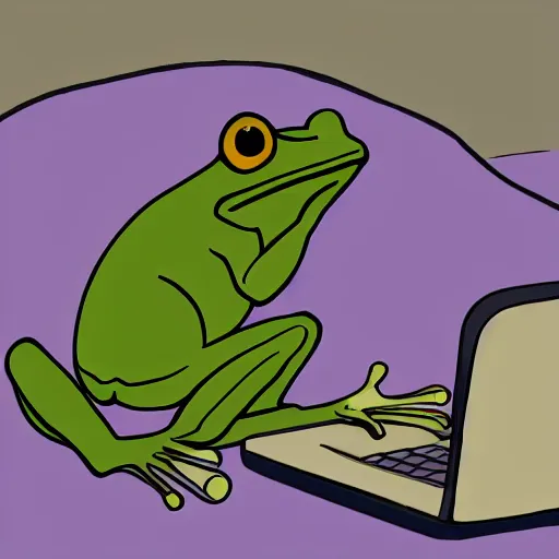 Image similar to peepo the frog, crying!! on bed with laptop, in the style of lo-fi, dramatic,