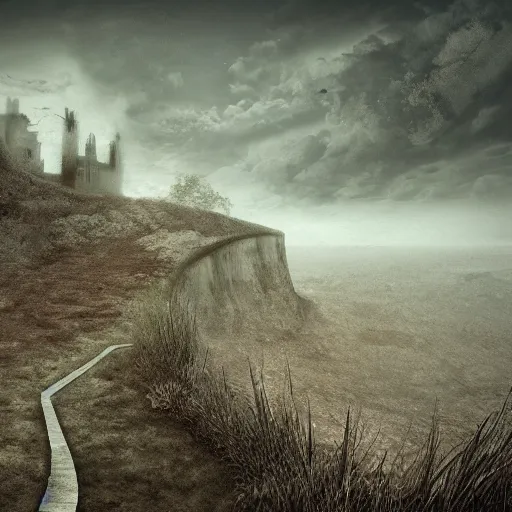 Image similar to a long winding pathway with no terrain on either side, cliffs with no bottom, creepy, gloomy, nightmare, dark rocks, dusty, sepia tones, with a mysterious dark castle at the of the path, digital art, 8 k, concept art, trending on artstation