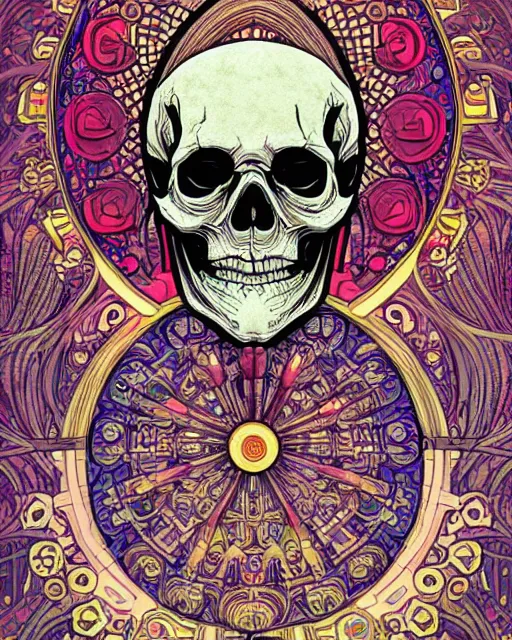 Image similar to skull carving art, cell shading, voronoi,fibonacci sequence, sacred geometry by Alphonse Mucha, Moebius, hiroshi yoshida, Art Nouveau, colorful, ultradetailed, vivid colour, 3d