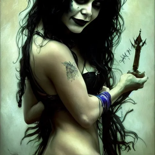 Image similar to beautiful portrait of vanessa hudgens as death from sandman, smiling, by cedric peyravernay, alphonse mucha, by jeremy mann, by lecouffe deharme, goth chic, soft lightning, eyeliner, punk rock, high detailed, 8 k