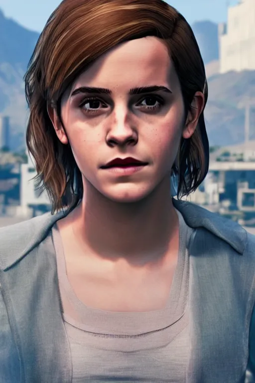 Prompt: Emma Watson as a GTA V NPC, in game capture. 3D Render.