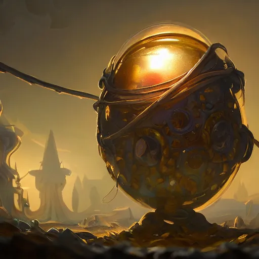 Prompt: medieval tech tech egg made of glass containing a baby creature inside, artificial creature plugged with long wires made of glass, liquids, DNA experiment, bright art masterpiece artstation. 8k, sharp high quality artwork in style of Jose Daniel Cabrera Pena and Greg Rutkowski, golden theme, concept art by Tooth Wu, blizzard warcraft artwork, hearthstone card game artwork