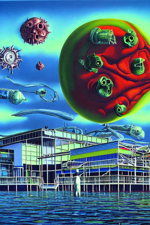 Image similar to a hyperrealistic painting of plumb island biohazard research facility, cinematic horror by jimmy alonzo, the art of skinner, chris cunningham, lisa frank, richard corben, highly detailed, vivid color,