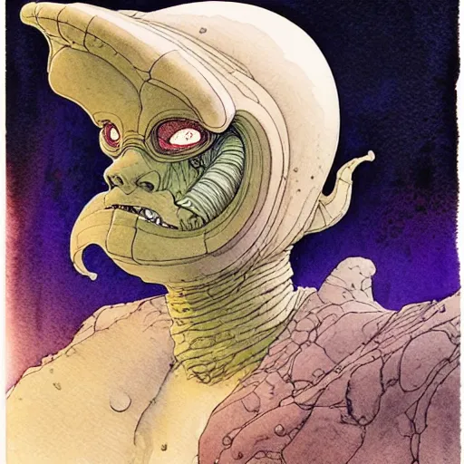 Prompt: a simple and atmospheric watercolour portrait of a pulp sci - fi alien from another dimension, very muted colors, by rebecca guay, michael kaluta, charles vess and jean moebius giraud