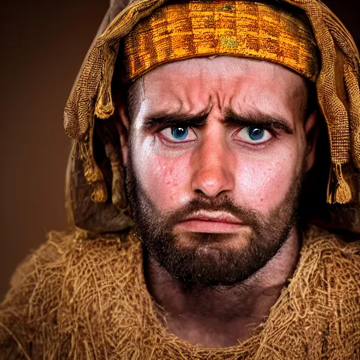 Image similar to Photograph of Angry 25 year old man in ancient Canaanite clothing wakes up in shock. Interior ancient tent. 40mm lens, shallow depth of field, split lighting