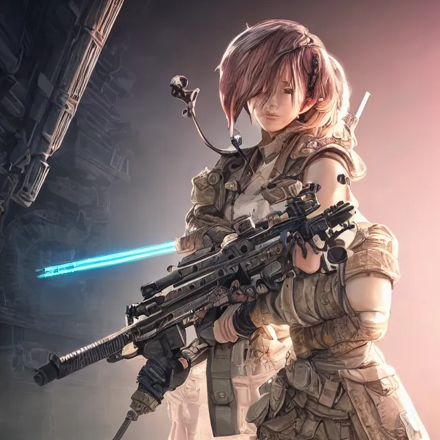 Image similar to the portrait of lawful neutral female futuristic infantry sniper as absurdly beautiful, gorgeous, elegant, young anime girl, an ultrafine hyperdetailed illustration by kim jung gi, irakli nadar, intricate linework, bright colors, octopath traveler, final fantasy, unreal engine 5 highly rendered, global illumination, radiant light, detailed and intricate environment