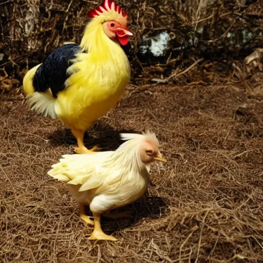 Prompt: a light yellowish downed baby chick is standing in a barnyard nearby there is a rooster and a birthday cake