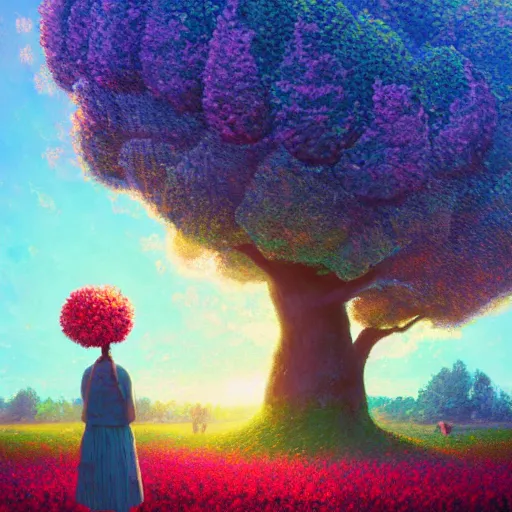 Image similar to girl with giant flower as a face, flower field, big trees, sunrise dramatic light, impressionist painting, colorful clouds, digital painting, pointillism, artstation, simon stalenhag