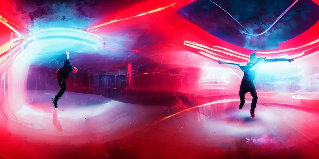 Image similar to slow motion with trail effect of futuristic break dancer made by liquid, long exposure shot , at night there is fog and a giant red neon triangle emitting energy, paddle of water, steam, water splashes, rim lights, glossy reflections, water droplets on lens, octane render, detailed and soft, 10mm fisheye