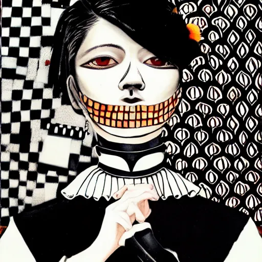 Prompt: Yoshitaka Amano style portrait of an mexican mariachi girl with short white hair and eyepatch wearing suit with patterns, abstract black and white background, film grain effect, highly detailed, oil painting