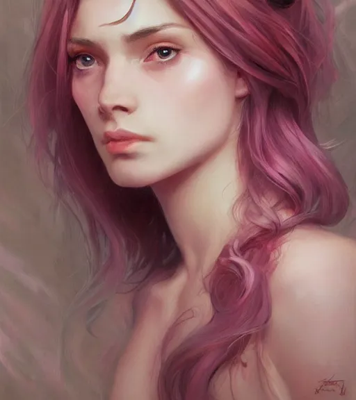Prompt: full portrait of a young, attractive woman, soft hair, muscular, half body, cloth, pink hair, d & d, fantasy, intricate, elegant, highly detailed, digital painting, artstation, concept art, smooth, sharp focus, illustration, art by artgerm and greg rutkowski and alphonse mucha