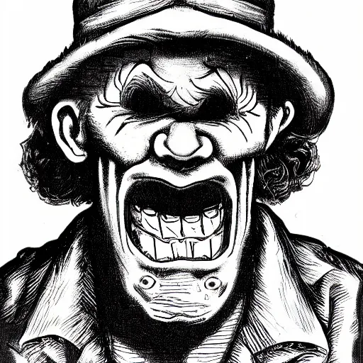 Image similar to a scary horror themed goofy-hilarious-character r-Crumb, dime-store-comic drawn with charcoal and pen and ink, half-tone-line-stacking