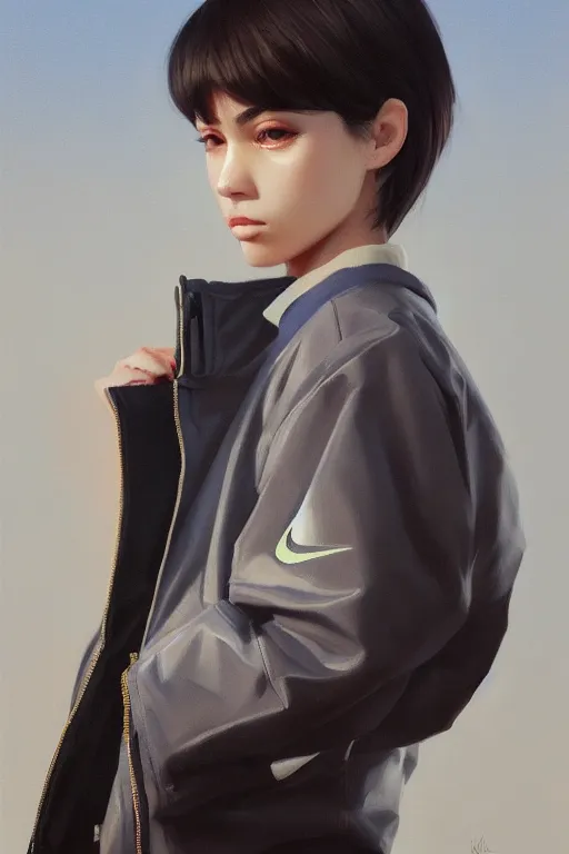 Image similar to A ultradetailed beautiful portrait panting of a stylish girl wearing an oversized Nike jacket, Oil painting, by Ilya Kuvshinov, Greg Rutkowski and Makoto Shinkai