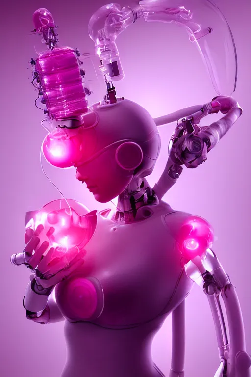 Prompt: Pink Vapor Inhalation Cyborg in a Medical Laboratory Connected to a Spherical Bottle of Pink Liquid by a Tube, Pink Vapor Leaking from an Oxygen Mask, fantasy, magic, ultra detailed, digital art, trending on artstation, illustration, robotic, mechanical