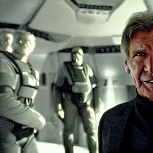 Prompt: A still of Harrison Ford as Commander Adama in Battlestar Galactica (2003)