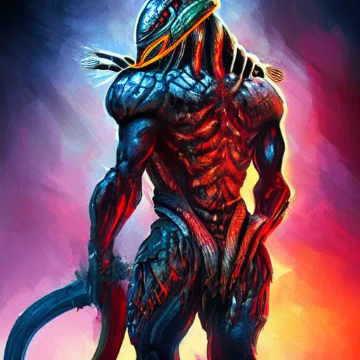 Prompt: digital paint character poster of The Predator in ancient Japan, trending on Artstation, vivid colors, hyperdetailed, alien armor, alien helmet