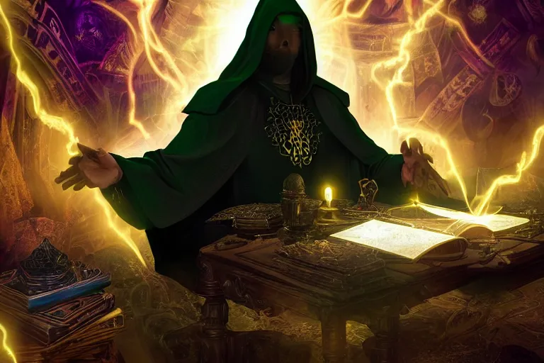 Prompt: a warlock wearing a black robe with golden embroidery, sitting at a table with grimoires, casting a spell, green glows, in the style of magic the gathering, dramatic lighting, highly detailed digital art