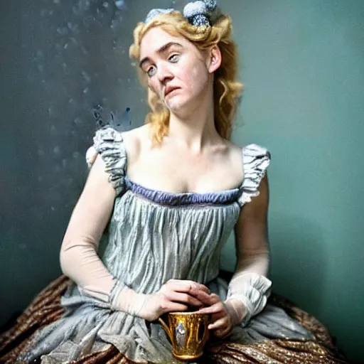 Prompt: A 18th century, messy, silver haired, (((mad))) elf princess (look like ((young Kate Winslet))), dressed in a frilly ((ragged)), ((wedding dress)), is ((drinking a cup of tea)). Everything is underwater! and floating. Greenish blue tones, theatrical, (((underwater lights))), high contrasts, fantasy water color, inspired by John Everett Millais's Ophelia