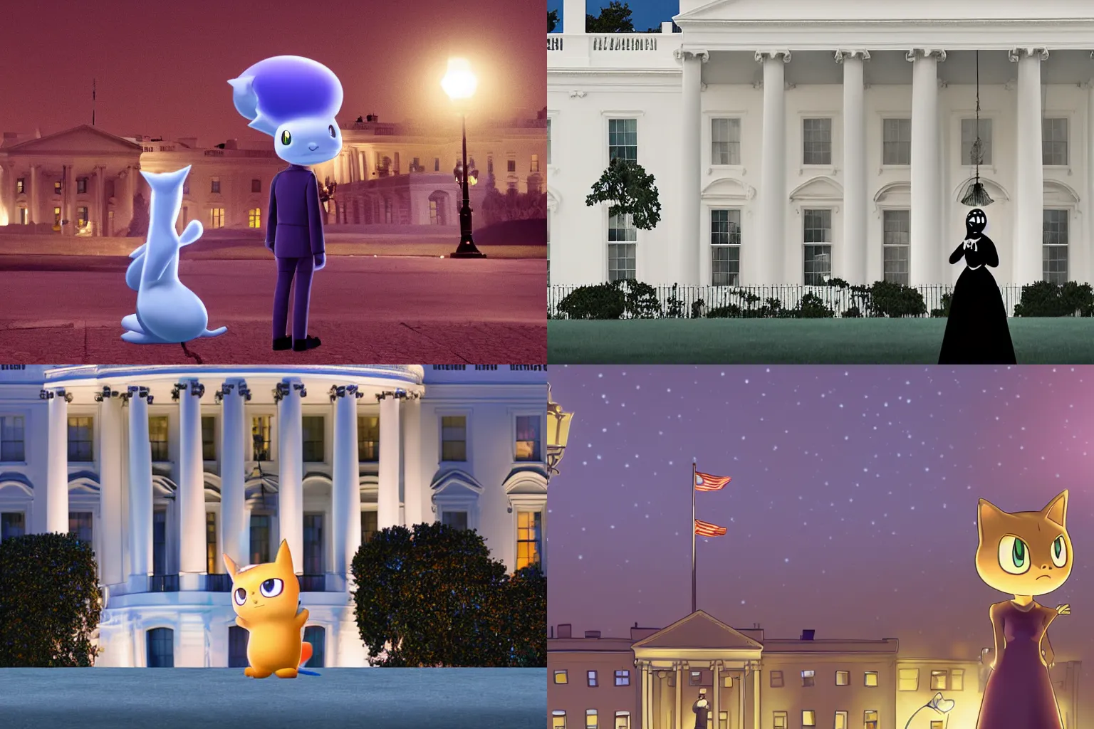 Prompt: nighttime shot of secret agent mew from pokemon wearing double ballgown standing in front of white house looking at camera high resolution pixar