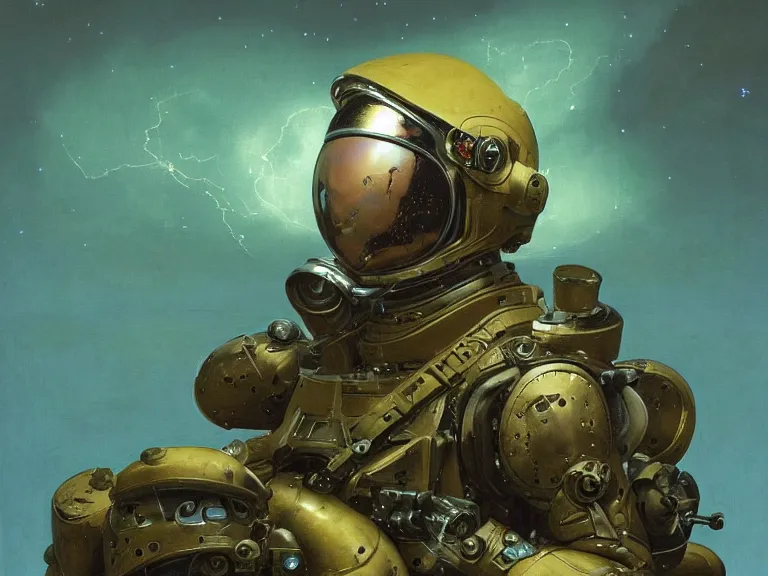 Image similar to a detailed profile oil painting of an advanced soldier in a spacesuit with reflective helmet, advanced technology flight suit, portrait symmetrical and science fiction theme with aurora lighting clouds and stars by beksinski carl spitzweg and tuomas korpi. baroque elements, full-length view. baroque element. intricate artwork by caravaggio. Trending on artstation. 8k