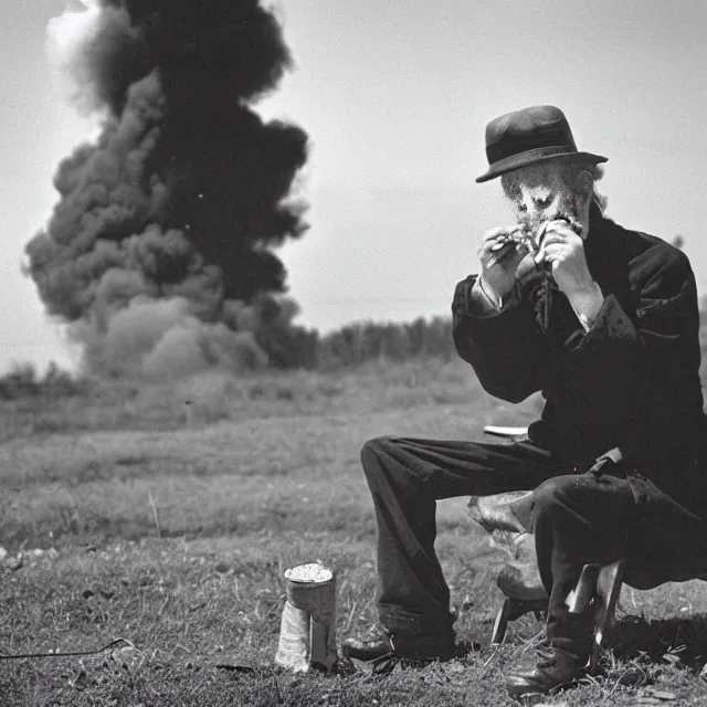 Prompt: a man resting smoking a joint at the end of the world, photo by william eggelston