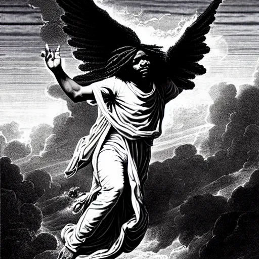 Prompt: cheef keef ascending into heaven holding actavis, biblical image, style of gustave dore, highly detailed, beautiful, high contrast, black and white