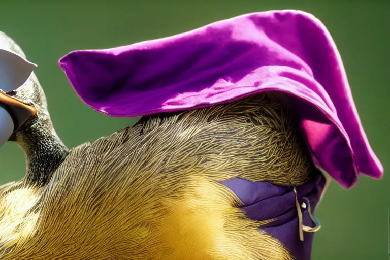 Image similar to duck wearing purple hat and cape and zoro mask by Roger Deakins