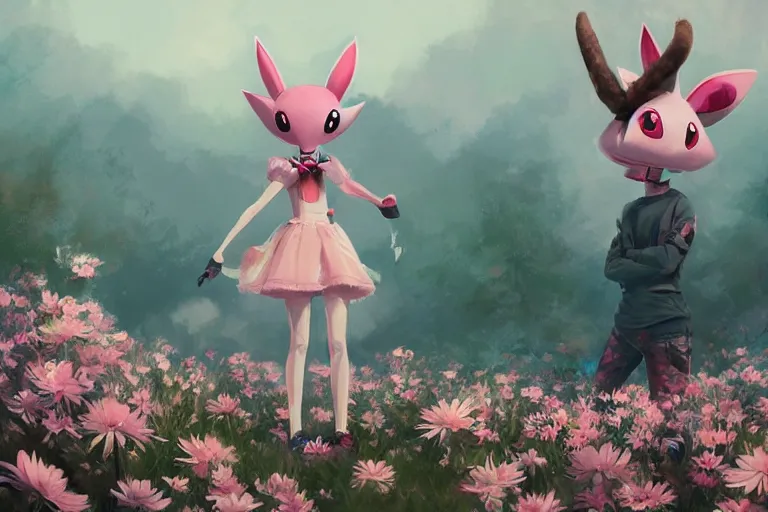 Prompt: anthropomorphic lurantis girl in an ice floe standing in a field of daisies wearing converse shoes and a davey crockett hat, digital illustration by ruan jia on artstation