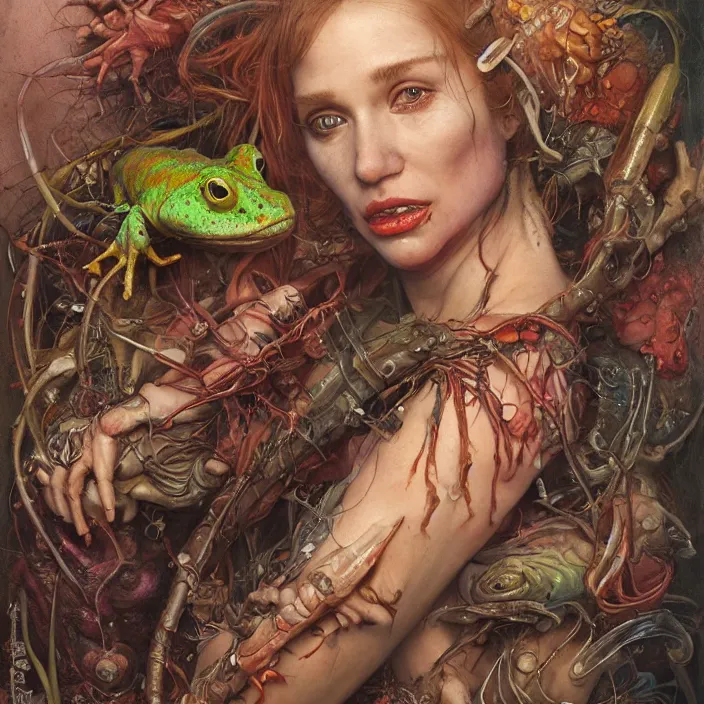 Image similar to a portrait photograph of a beautiful brightly colored amphibian female with wet mutated skin. she wearing a tactical suit and has many body modifications. by tom bagshaw, donato giancola, hans holbein, walton ford, gaston bussiere, brian froud, peter mohrbacher and magali villeneuve. 8 k, fashion editorial, cgsociety