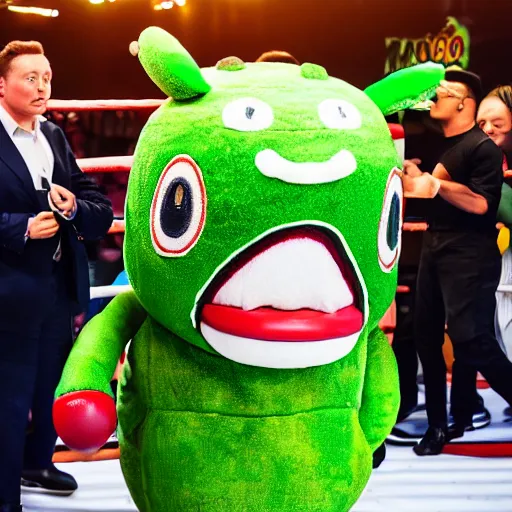 Image similar to cinematic photograph of elon musk in an avacado suit with an avacado hat, realistic, japanese mascot, in a boxing ring, 4 k, cinemqtic lighting, high quality photography, mid shot