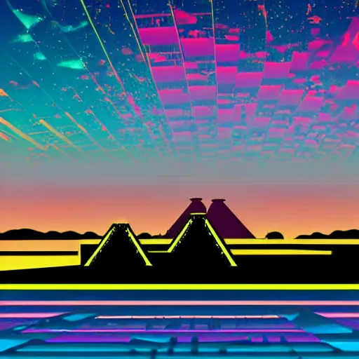 Image similar to cityscape full of mayan pyramids with neons and ufos in the sky viewed from a lake in retrowave style 4 k