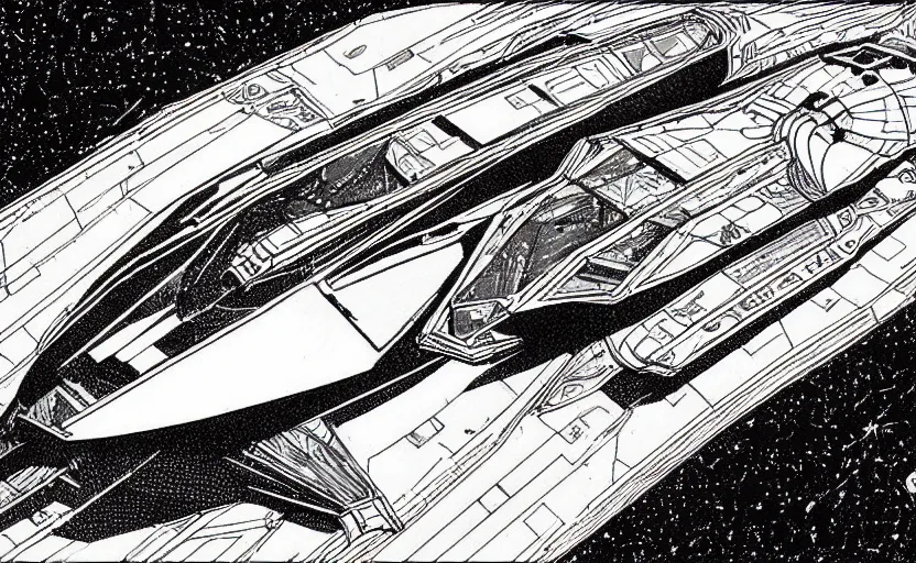 Image similar to A black and white sketch of a spaceship. sleek angular space cruiser. extremely coherent retro ship design. wires and mechanical parts. intricate detail. moebius. comic book ship design, spaceship. science fiction art.