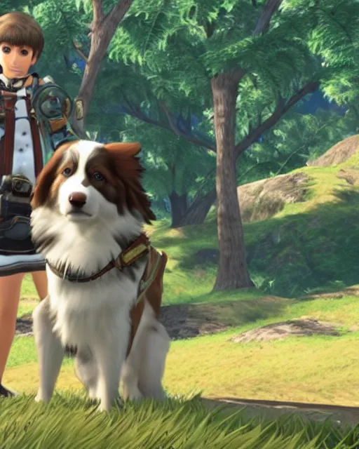 Prompt: australian shepherd with noah in xenoblade chronicles