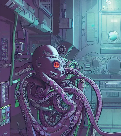 Prompt: a cybernetic realistic octopus in a space station, techwear, Industrial Scifi, detailed illustration, character portrait, graffiti art by Martin Grip and Moebius